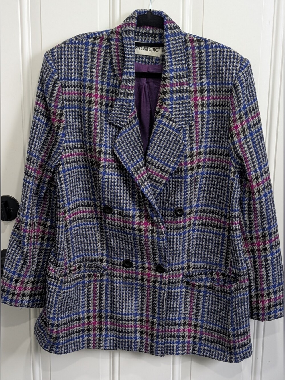 Vintage 80s White Stag Pure Virgin Wool Double-Breasted Plaid Blazer Ptp 21"